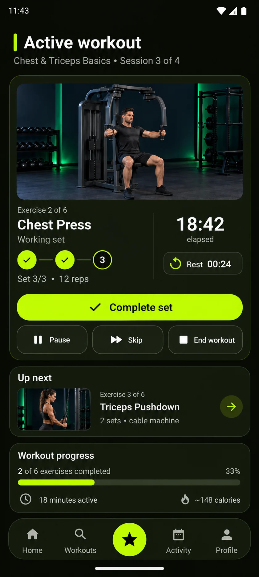GemFit active workout screen with set progress, rest timing, and session controls