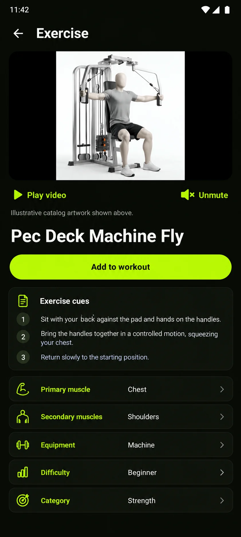 GemFit exercise guidance page with cues, muscle focus, equipment, and difficulty