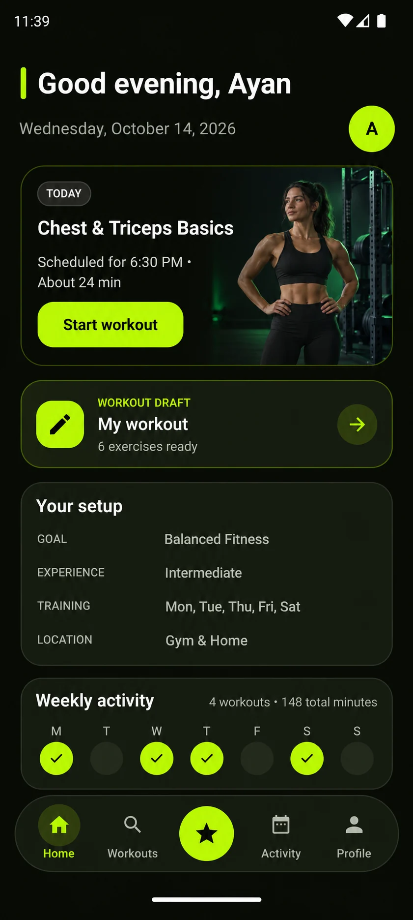 GemFit home dashboard showing a scheduled workout, training setup, and weekly activity