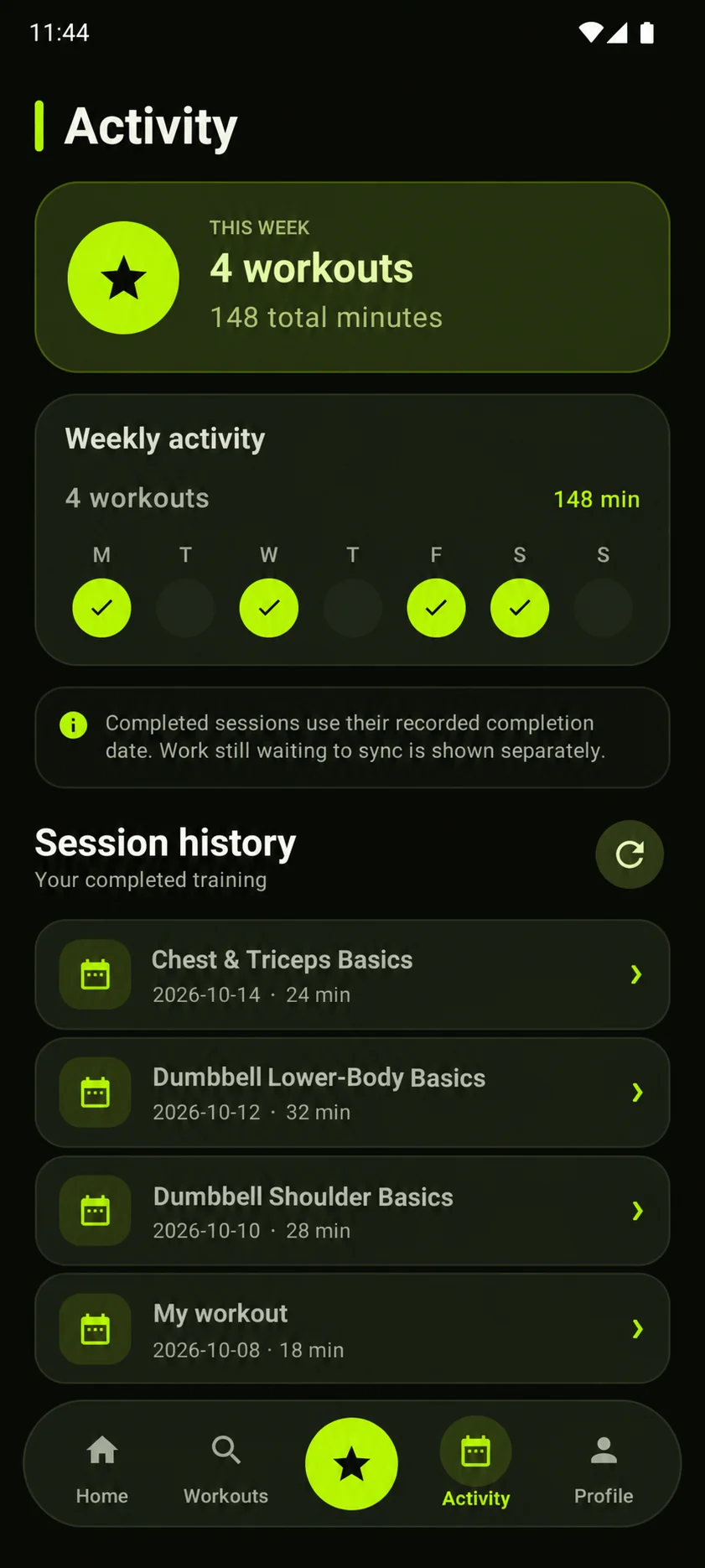 GemFit activity screen with weekly workout totals and completed session history